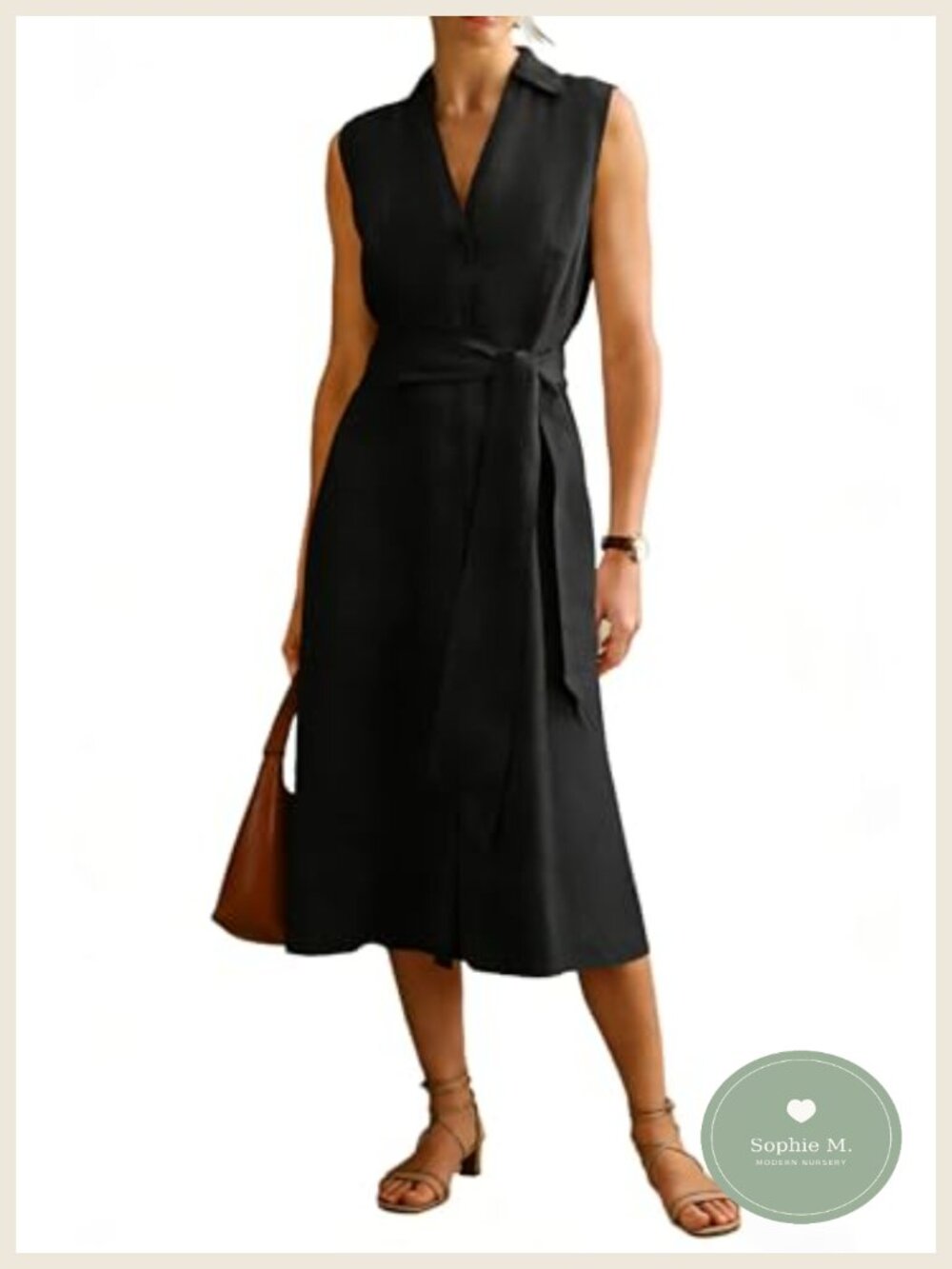 Linen Blend Sleeveless V-Neck Button Down Midi Shirt Dress with Belt